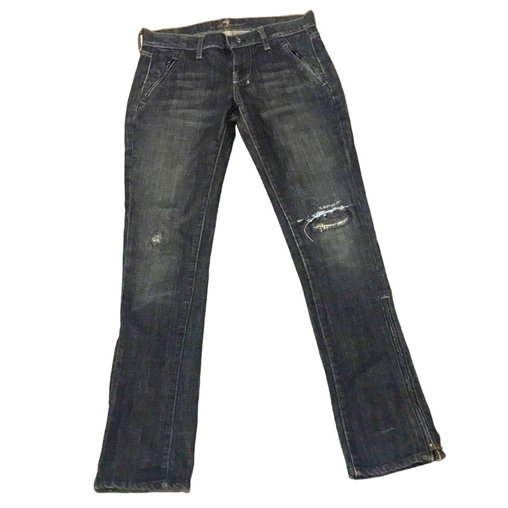 7 for All Mankind Low Rise slim straight distressed black jeans with zippers 26